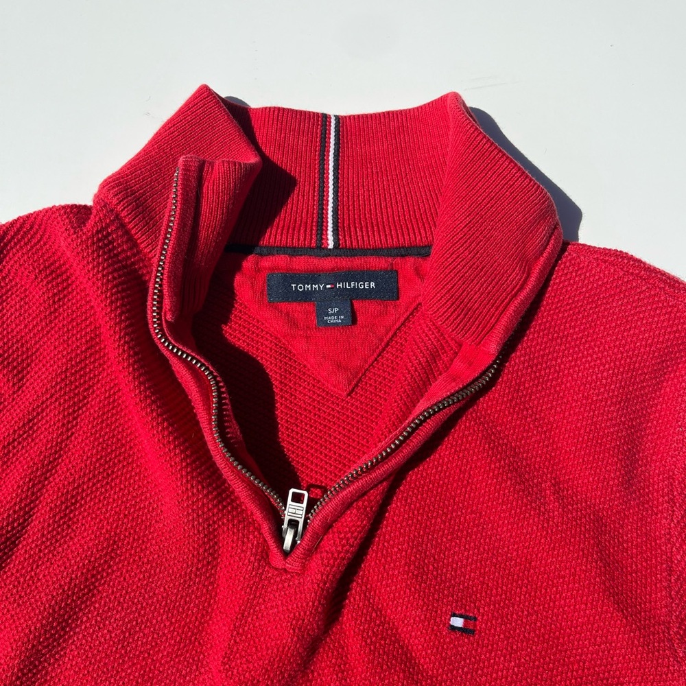 Tommy Hilfiger Men's Red Zip-Up Knit Sweater with Flag Detail